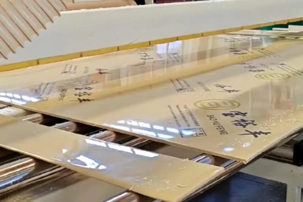High density PP sheets being extruded on production line in factory for industrial fish tanks