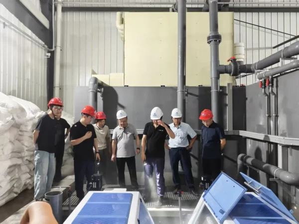 Engineers inspecting the RAS filtration system and biological filters in a commercial sea bass facility